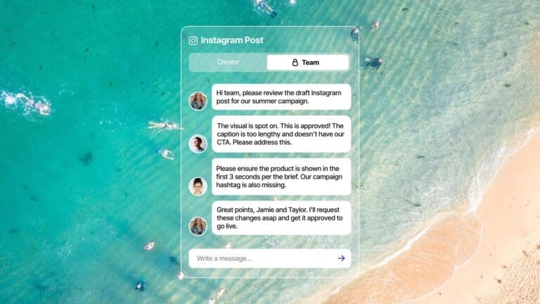 Team discussing feedback for a instagram post on the Vamp platform